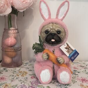 Humane Society NWT Easter Bunny Flocked Pink Costume Pug Dog Puppy Statue Decor